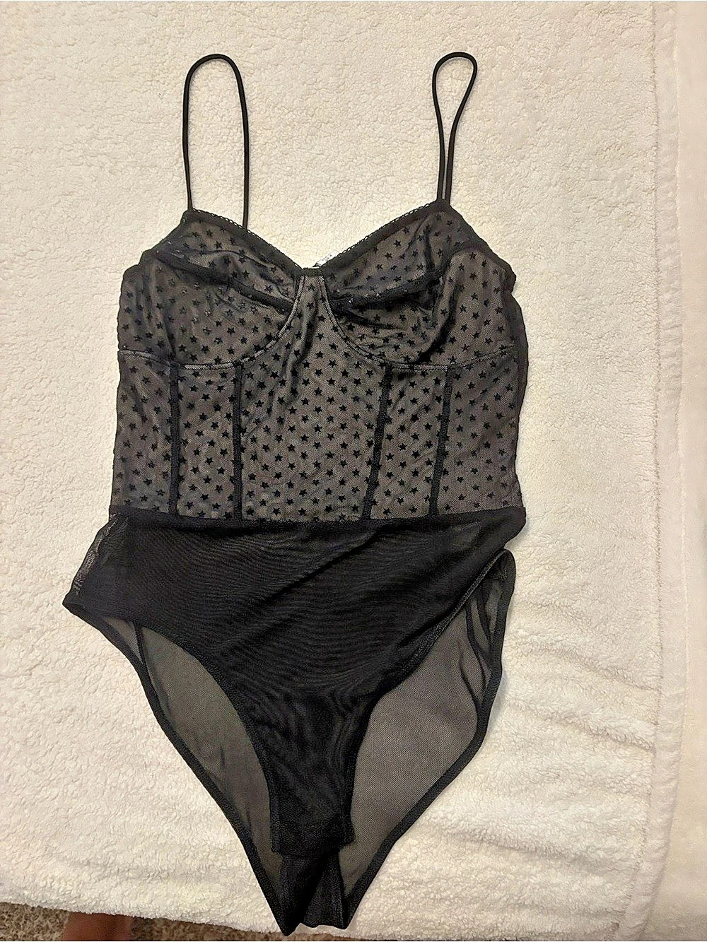 Topshop Star Mesh Bodysuit Polka Dot One Piece Black Small